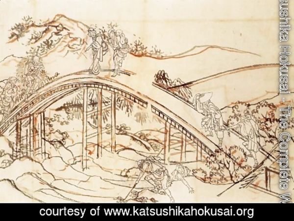 Katsushika Hokusai - People Crossing an Arched Bridge