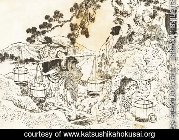 Katsushika Hokusai - Four women working very hard and carrying vats of water