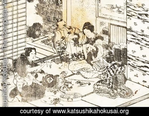 Katsushika Hokusai - Three women and two children