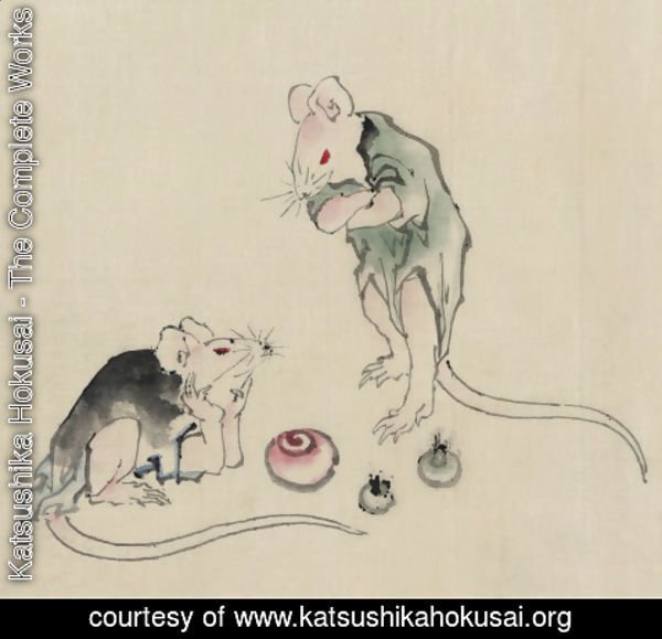 Katsushika Hokusai - Two mice, one lying on the ground with head resting on forepaws