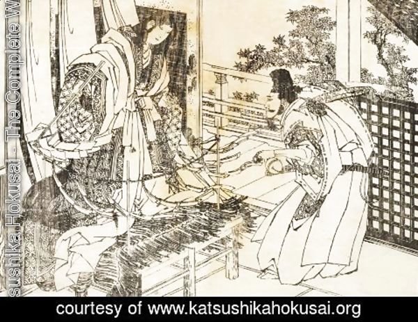 Katsushika Hokusai - A woman in shinto shrine has a stick with a lot of paper leaves
