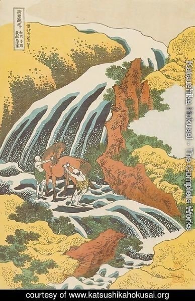 Katsushika Hokusai - Waterfall where Yoshitsune Washed his Horse at Yoshino in Yamato Province (Washu Yoshino Yoshitsune uma arai no taki)